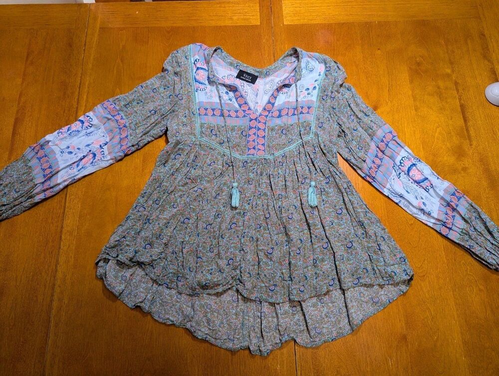 VICI Boho Floral Paisley Blouse XS Multicolor Peasant Top Tassel Tie Bohemian